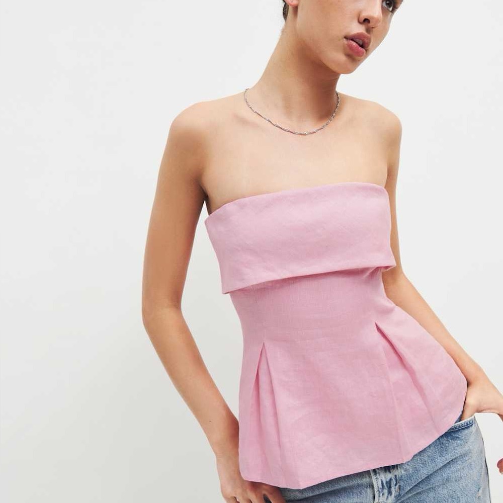 Reformation Daria Linen Top Blush Pink Strapless Blouse